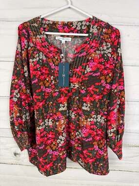 Michelle McDowell Floral V-Neck Smocked Cuff Blouse